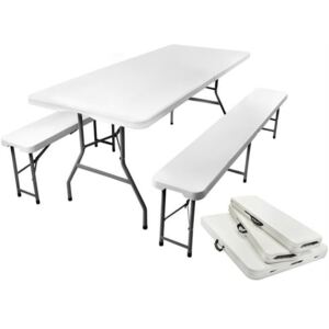 Malatec Skládací stůl půlený 180cm + 2x skládací lavice, bílá, 3257