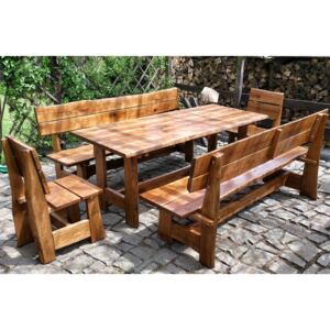 KULHÁNEK nábytek Zahradní dubová sestava - stůl, 2x lavice s opěradlem, 2x židle (rustikální provedení) Délka: 150 cm, Odstín nátěru: olej - ořech