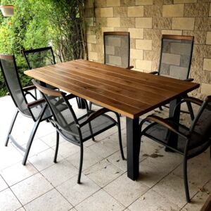 KULHÁNEK nábytek Zahradní stůl s kovovými nohami Odstín nátěru: olej - ořech, Velikost desky: 150x80 cm, Odstín podnože: černá s jemnou strukturou - JS RAL 9005