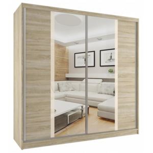 Moderní šatní skříň s posuvnými dveřmi, zrcadlem a béžovými pruhy šířka 200 cm dub sonoma korpus - Bez dojezdu