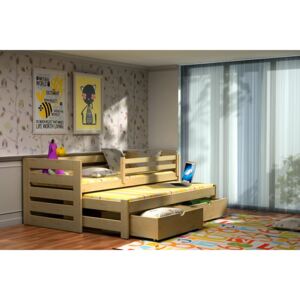 Dětská postel s výsuvnou přistýlkou DPV 007 + zásuvky 200 cm x 90 cm Bezbarvý ekologický lak