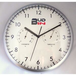 Stříbrné plastové nástěnné hodiny s teploměrem a vlhkoměrem BUD-IN C1705