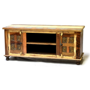 Komoda pod TV z antik teakového dřeva zdobená mosaznými Buddhy, 140x45x45cm