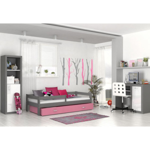 Dětská postel HARRY s barevnou zásuvkou+matrace, 180x80, šedá/růžová