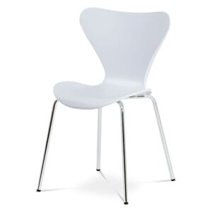 AUTRONIC Jídelní židle, bílý plastový výlisek s dekorem dřeva, kovová chromovaná čtyřnohá podnož