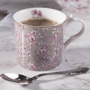 Katie Alice - hrnek Grey Floral 300 ml (Porcelánový hrnek Grey Floral na kávu nebo čaj s motivem růžových květů na šedém podkladě se zlatou linkou.)