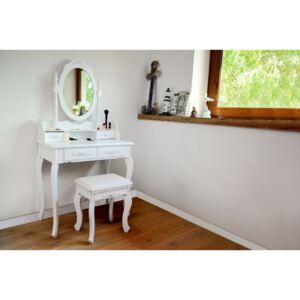 DIP-MAR Toaletní stolek se zrcadlem, 4 zásuvky + taburet - bílá
