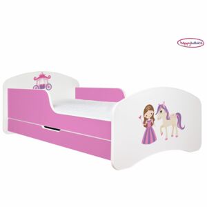 SKLADEM: Dětská postel se šuplíkem 190x90cm PRINCEZNA A KONÍK - růžovo/bílá + matrace ZDARMA!