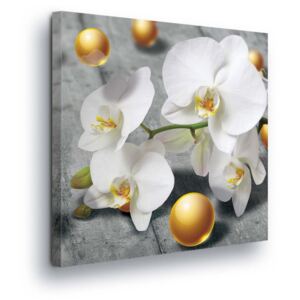 Obraz na plátně GLIX - Bílé Květy se Zlatými Perlami 80x80 cm