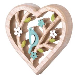 Srdce s ptáčkem, dřevěná dekorace, přírodní modrá