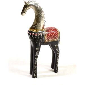 Soška koně, dřevěná, ručně malovaná, kovová hlava, černá 20x46cm
