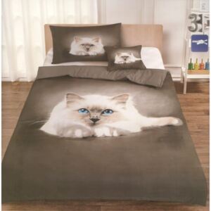 Bavlissimo Dvoudílné povlečení kočka 3 D bílá hnědá 140x200 na jednu postel