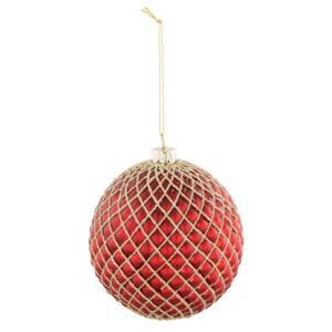 Červená vánoční koule s třpytivou zlatou linkou - ø 9*11 cm