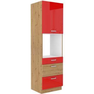 Kuchyňská skříň na vestavnou troubu s šuplíky 60x210 cm 27 - MYSTIC - Červená lesklá / Dub artisan