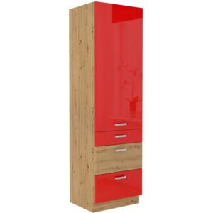 Vysoká kuchyňská skříňka s šuplíky 60x210 cm 27 - MYSTIC - Červená lesklá / Dub artisan