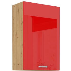 Závěsná horní kuchyňská skříňka 60 cm 27 - MYSTIC - Červená lesklá / Dub artisan