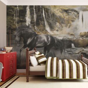 Fototapeta Bimago - Černý kůň a skalní vodopád + lepidlo ZDARMA 200x154 cm