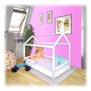 KOMPLET SET Dětská postel DOMEČEK BÍLÝ se zábranou (80x160) + ROŠT + MATRACE