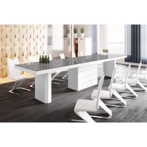 Jídelní stůl KOLOS 140 (šedá lesk/bílá lesk) (Moderní rozkládací jídelní / kancelářský stůl rozložitelný od 160-412cm ve vysokém lesku)
