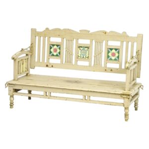 Sanu Babu Stará lavička z teakového dřeva, zdobená dlaždicemi, bílá patina, 143x55x87cm
