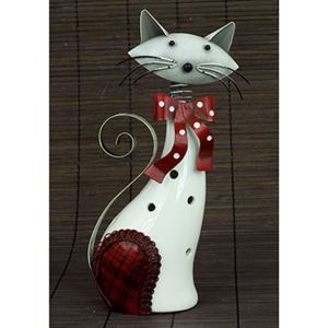 Kočka, porcelánová dekorace s kovovem, barva bílo-červená