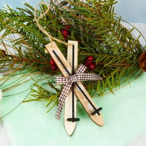 Závěsná vánoční dekorace- dřevěné lyže hnědé 15 cm