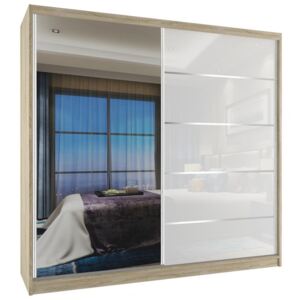 Šatní skříň s bílými posuvnými dveřmi a zrcadlem šířka 200 cm dub sonoma korpus - S dojezdem