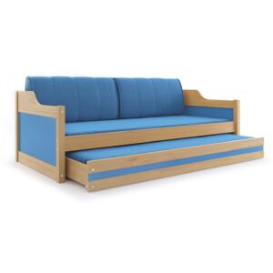 Rozkládací postel David 90x200 cm, Přírodní borovice, Modrá