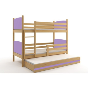 Patrová postel BRENEN 3 + matrace + rošt ZDARMA, 80x160, borovice, fialová