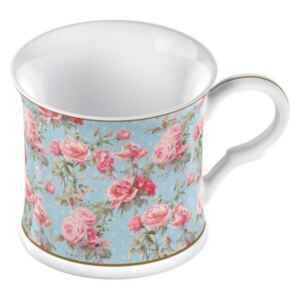 Katie Alice - hrnek Rose Queen 250 ml (Porcelánový hrnek Rose Queen na kávu nebo čaj s motivem růžových květů na bledě modrém podkladě a se zlatou linkou.)