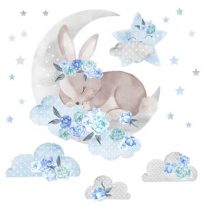 Pastelowe love Samolepka na zeď Spící králíček - Modrý