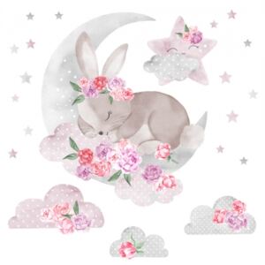 Pastelowe love Samolepka na zeď Spící králíček - Růžový