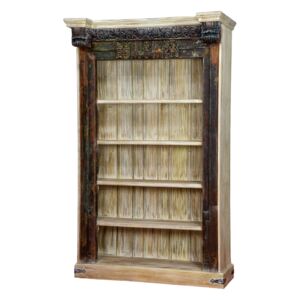 Sanu Babu Knihovna z antik teakového dřeva, zdobená řezbami, bílá, 125x52x207cm