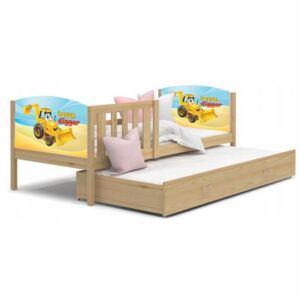 Dětská postel TAMI P2 80x190 cm v provedení borovice s motivem bagr