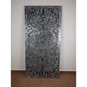 Závěsná dekorace PANEL FLOWER stříbrná tmavá, dřevo, ruční práce, 160x80 cm