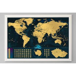 Stírací mapa světa + rám bílý dřevěný - šířka lišty 39mm