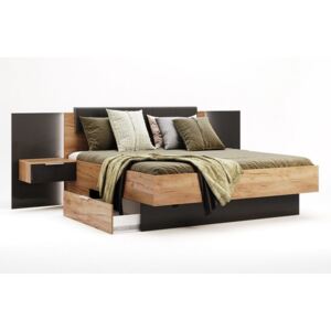 Manželská postel LUNA + rošt + matrace BOHEMIA + deska s nočními stolky, 180x200, dub Kraft/šedá
