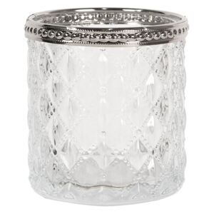 Skleněný transparentní svícen na čajovou svíčku s kovovým zdobením - Ø 7*7 cm
