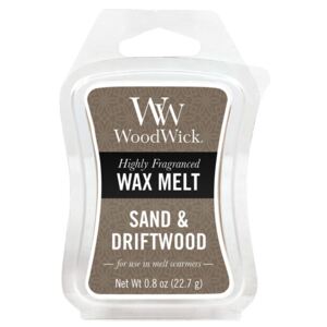 WoodWick - vonný vosk Sand & Driftwood (Písek & naplavené dřevo) 23g (Osvěžující vůně slunce obohacená o tóny dřeva, mořské trávy a měkkého bílého písku...)