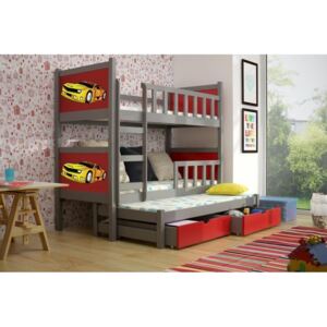 CHOJMEX Dětská patrová postel PINOKIO 3 - šedá / červená + auto