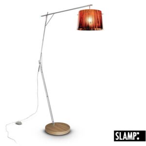 Slamp Woody, designová stojací lampa s oranžovo-černým stínítkem v dekoru dřeva se stínítkem, 1x100W, výška max 230cm