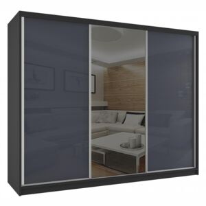Šatní skříň s posuvnými dveřmi Beauty 235 cm - černá / šedý lesk