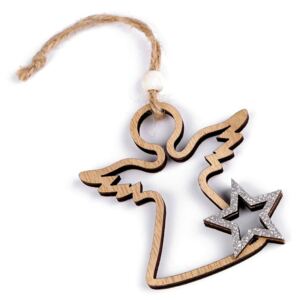 Vánoční dřevěná dekorace hvězda, anděl k zavěšení - 2 hnědá přírodní anděl Stoklasa