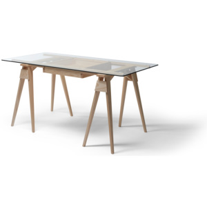 Pracovní stůl Arco nohy: dub, rám a šuplík: dub, deska: čiré sklo 150×75×0.8 cm