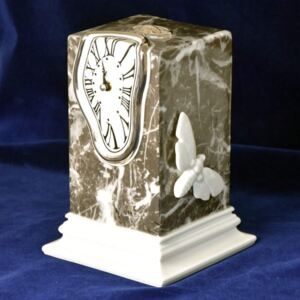 Porcelánové figurky Duchcov Hodiny Dali, černý mramor 14 x 14 x 20,7 cm, bílá + tisk + platina, Hodiny Duchcov