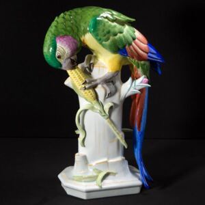 Seltmann Papoušek s kukuřicí 30 x 18 x 39 cm, Arthur Storch, Porcelánové figurky Gläserne Porzellanmanufaktur