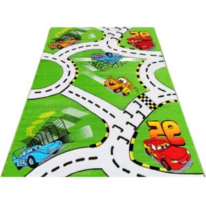 Kusový koberec dětský JE0390- Auta a silnice - zelená+bílá - 100x200 cm