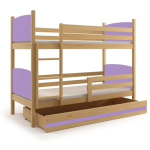 Patrová postel BRENEN + matrace + rošt ZDARMA, 90x200, borovice, fialová
