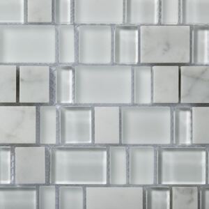 LINEA ITALIA Kamenná mozaika se sklem bílá Karma Carrara Bianco 23x(10,5-15-20-30-35)x8 mm (30x30) cm - ST-KARMACA-23