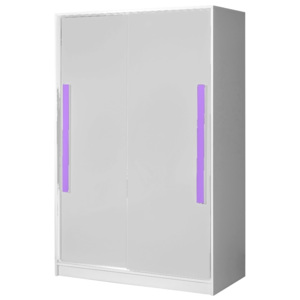 Šatní skříň 120 cm s posuvnými dveřmi v bílém lesku s fialovými úchyty typ 12 KN1077